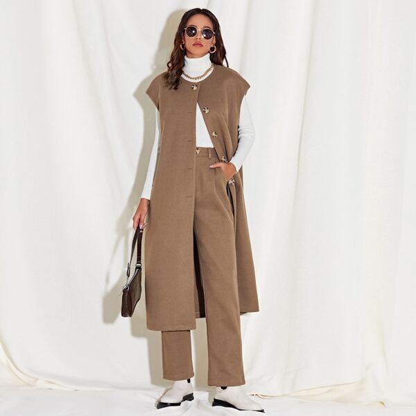 

Button Front Coat & Straight Leg Pants Set, Mocha brown