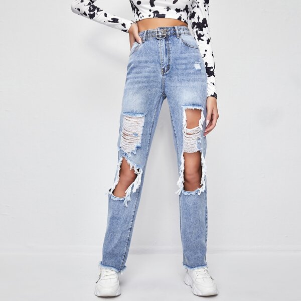 

Light Wash High Waist Ripped Straight Jeans Without Belt