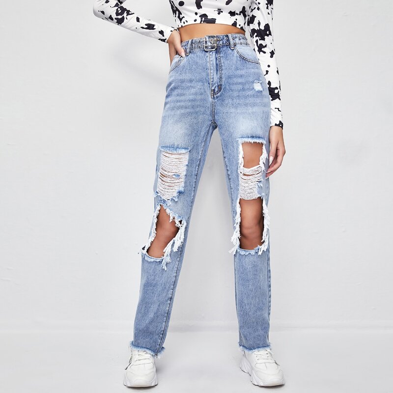 

Light Wash High Waist Ripped Straight Jeans Without Belt