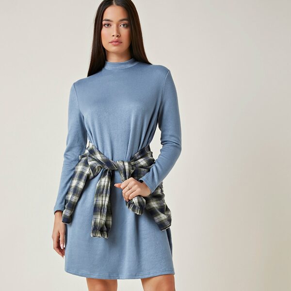 

Solid Stand Collar Dress, Blue