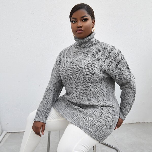 

Plus High Neck Drop Shoulder Cable Knit Sweater, Grey