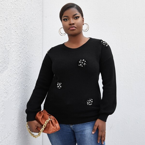 

Plus Drop Shoulder Pearls Beaded Sweater, Black