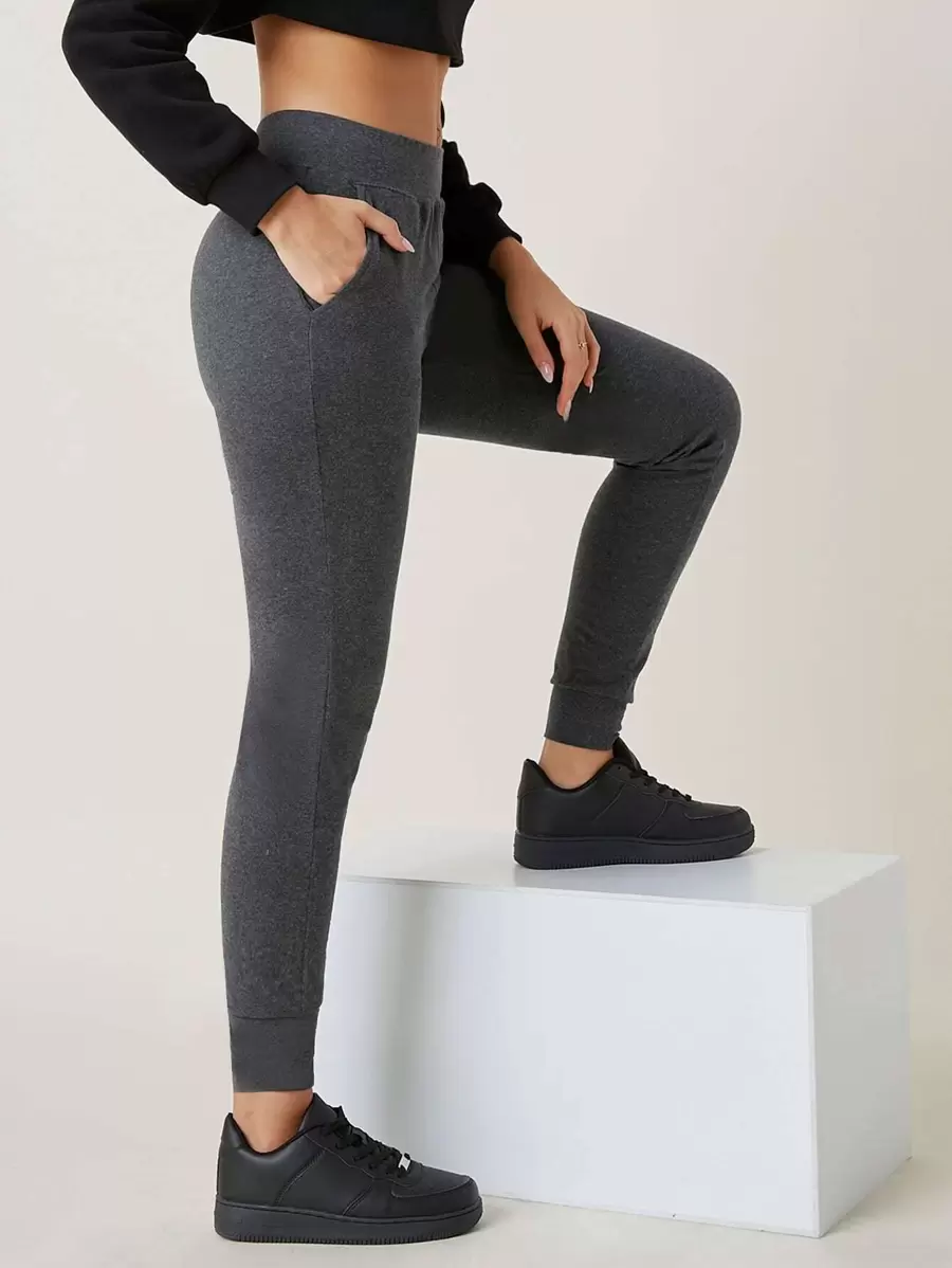 SHEIN BASICS Wide Waistband Slant Pocket Skinny Pants - Dark Grey - View 1