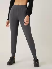 SHEIN BASICS Wide Waistband Slant Pocket Skinny Pants - Dark Grey - View 3
