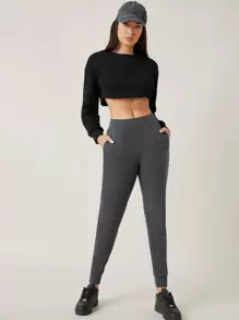 SHEIN BASICS Wide Waistband Slant Pocket Skinny Pants - Dark Grey - View 5