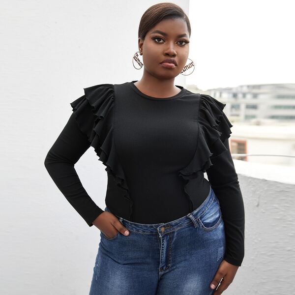 

Plus Layered Ruffle Detail Rib-knit Tee, Black