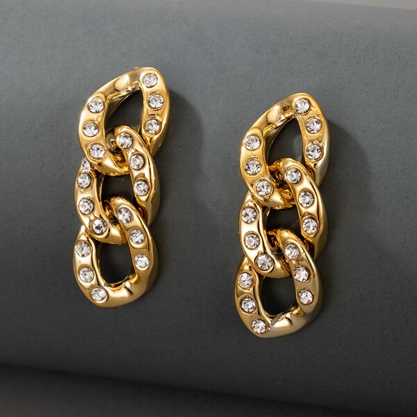 

Rhinestone Decor Chain Design Drop Earrings, Gold