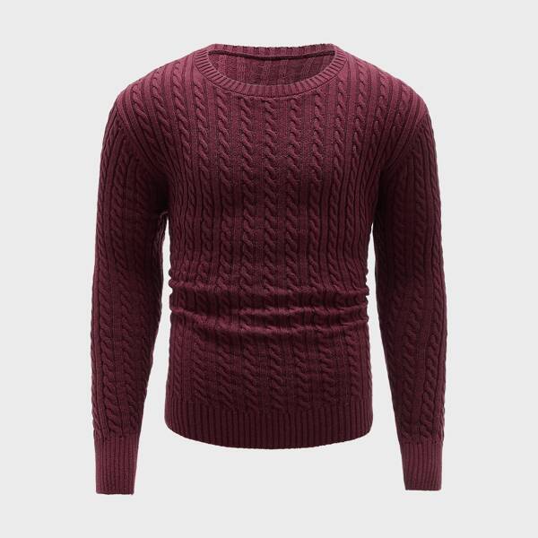 

Men Cable Knit Crew Neck Sweater, Maroon