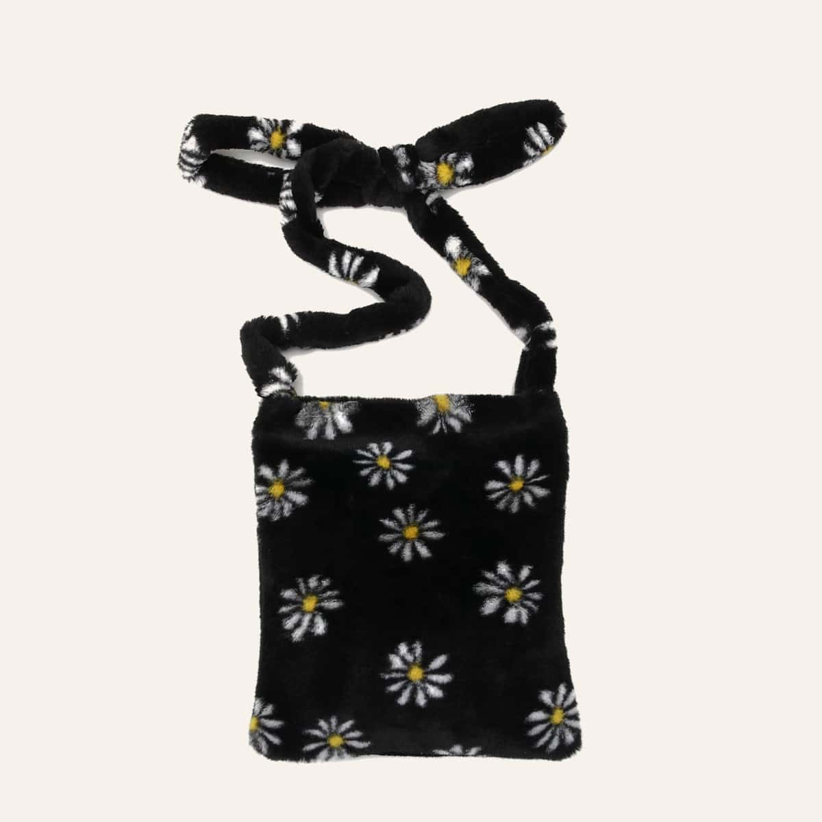 

Daisy Flower Faux Fur Fluffy Bag, Black