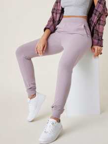 SHEIN BASICS Joggers de cintura ancha con bolsillo oblicuo - Lila Púrpura - Ver 1