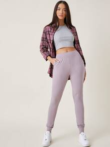 SHEIN BASICS Joggers de cintura ancha con bolsillo oblicuo - Lila Púrpura - Ver 5