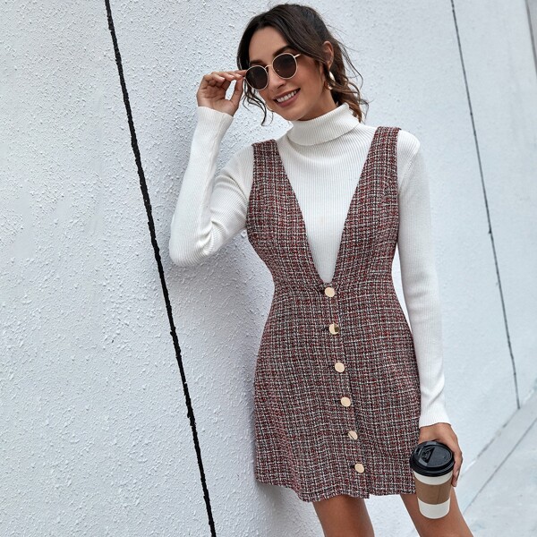 

Button Front Tweed Overall Dress, Multicolor