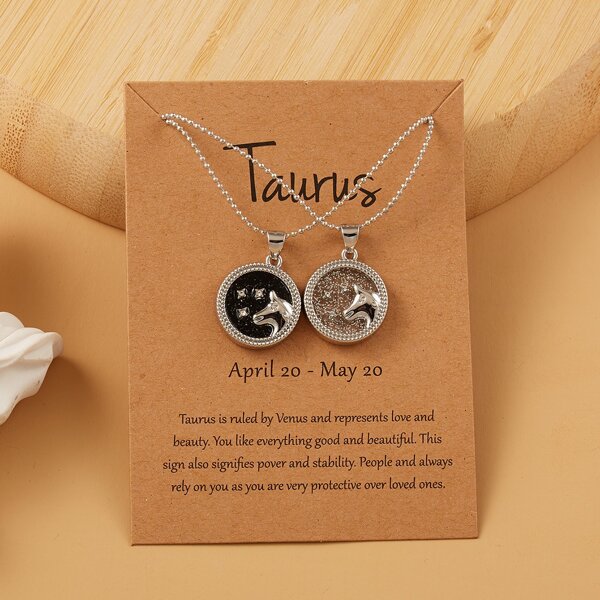

2pcs Zodiac Sign Design Round Charm Necklace, Multicolor