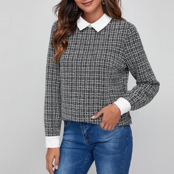 

Contrast Peter-pan-collar 2 In 1 Tweed Top, Black and white