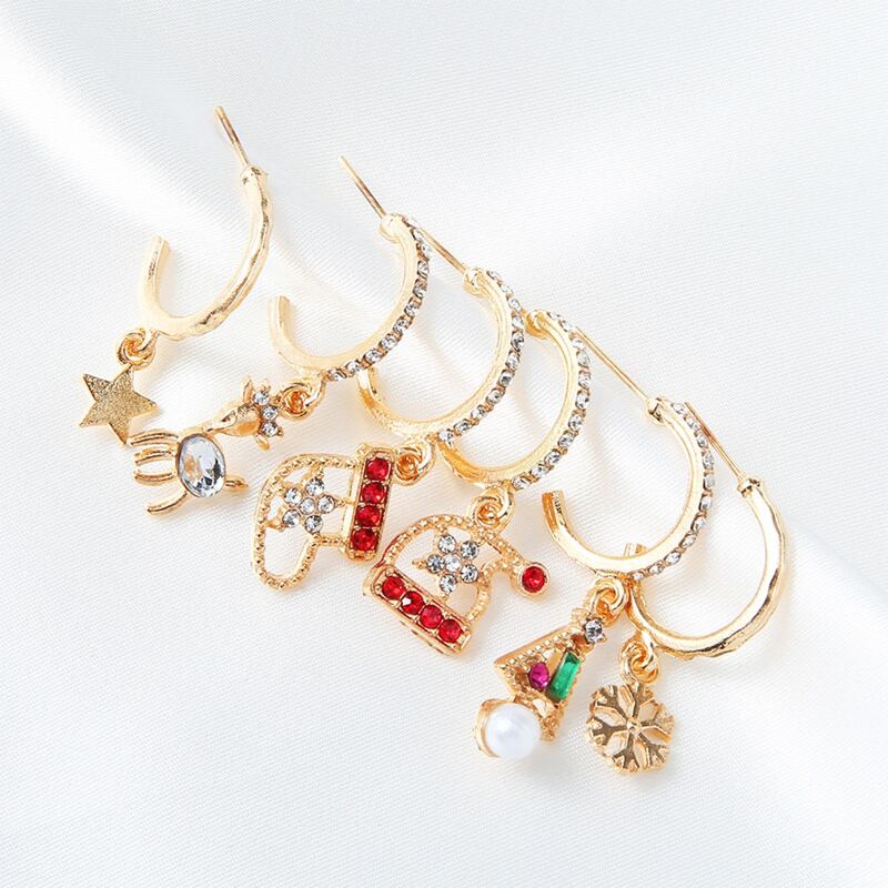 

6pcs Christmas Rhinestone Drop Earrings, Gold