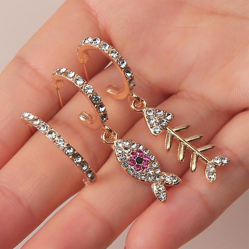 

3pcs Rhinestone Fish Earring Set, Gold