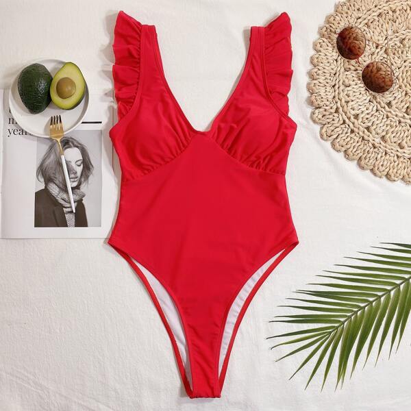 

Ruffle Trim One Piece Swimsuit, Red