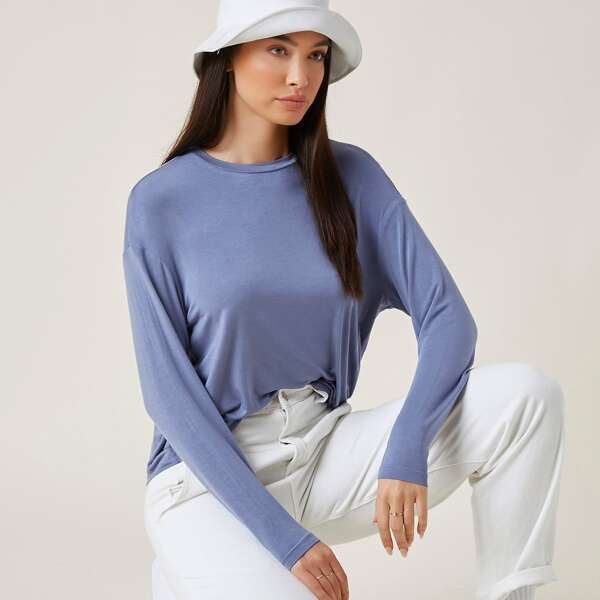 

Drop Shoulder Round Neck Solid Tee, Blue