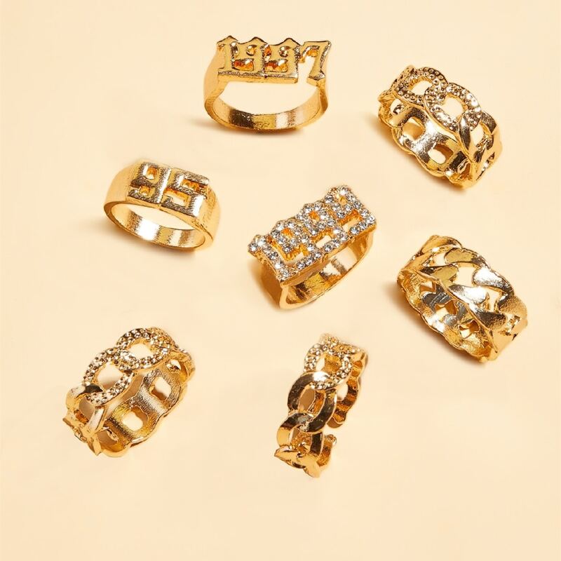 

7pcs Chunky Band Chain Ring, Gold