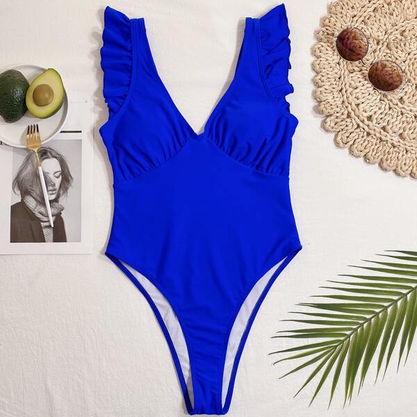 

Ruffle Trim One Piece Swimsuit, Royal blue
