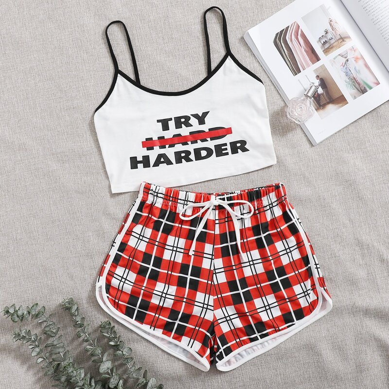 

Slogan Plaid Shorts PJ Set, Multicolor