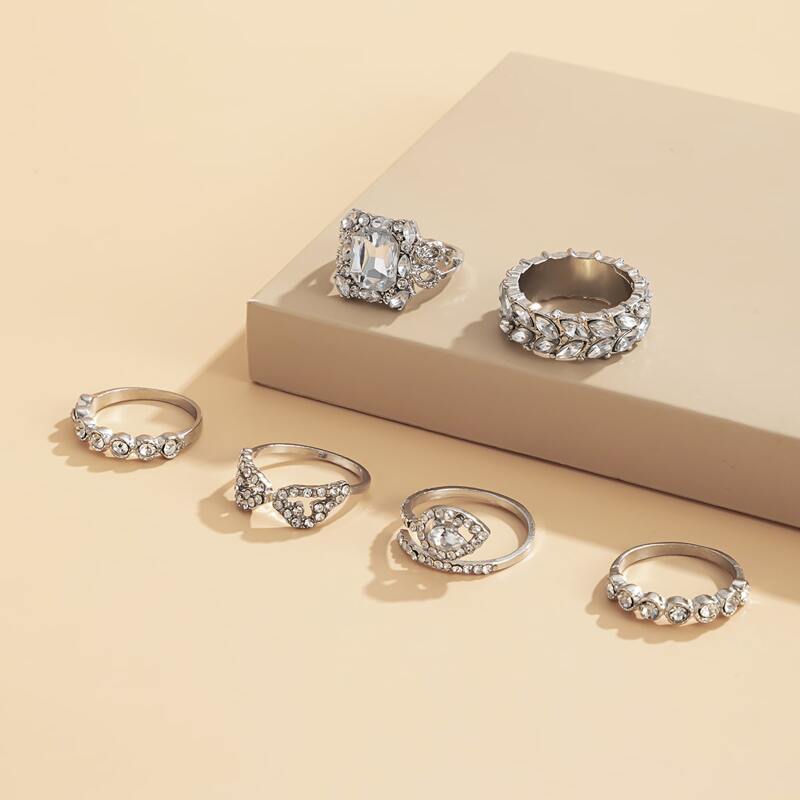 

6pcs Rhinestone Statement Ring, Silver