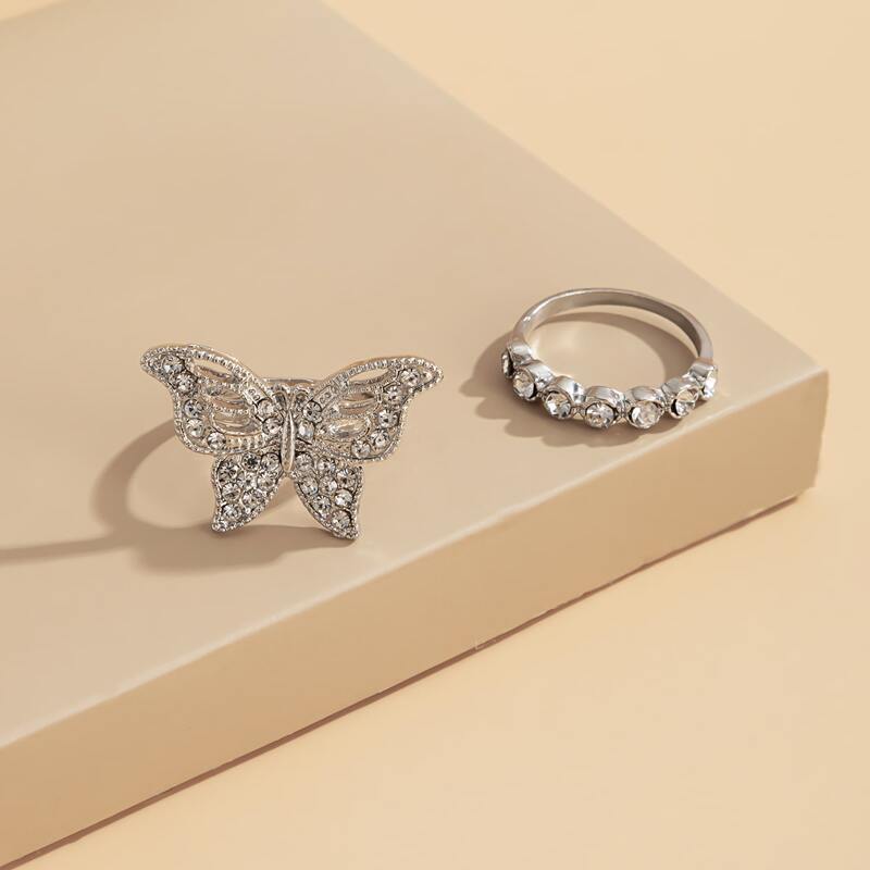 

2pcs Rhinestone Butterfly Ring, Silver