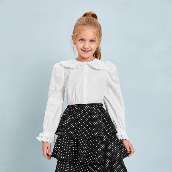 

Girls Eyelet Embroidered Trim Single Breasted Blouse, White