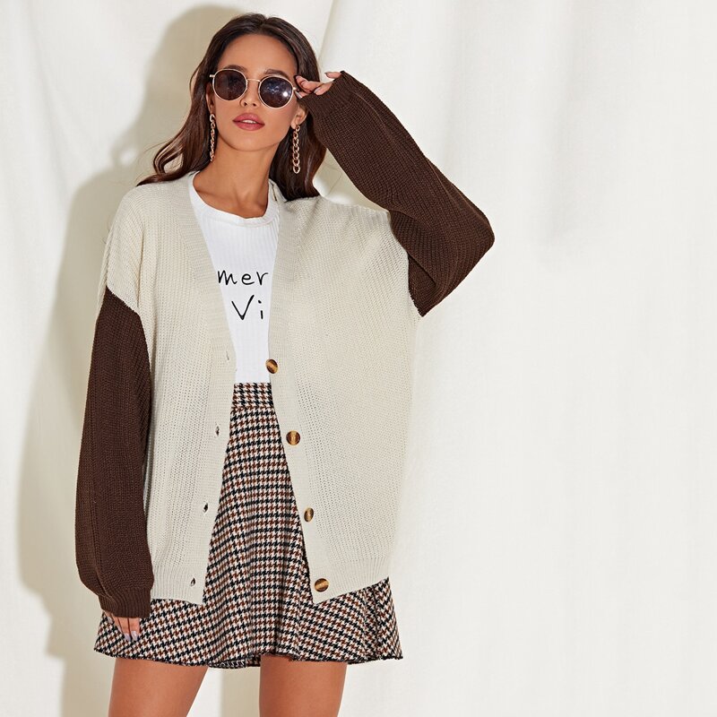 

Button Front Drop Shoulder Colorblock Cardigan, Beige