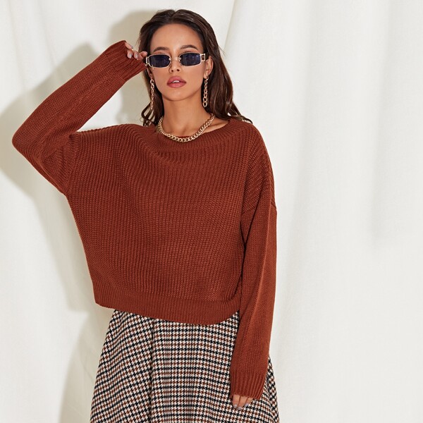 

Drop Shoulder Solid Sweater, Rust brown