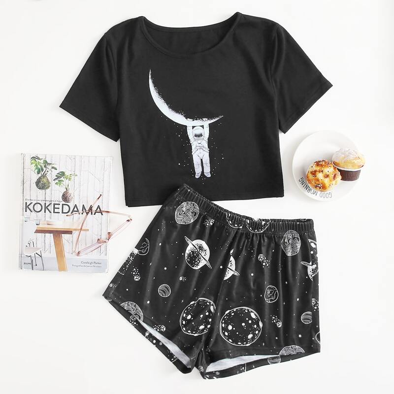 

Astronaut Print Shorts PJ Set, Black