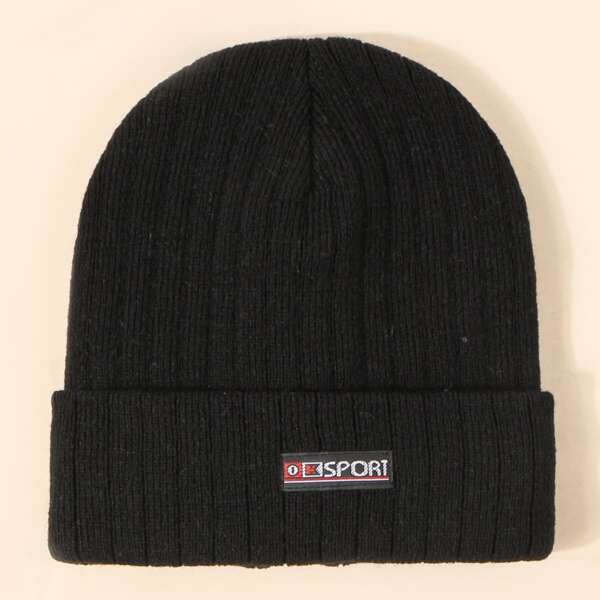 

Men Letter Design Label Decor Beanie, Black