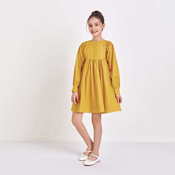 

Girls Shirred Detail Smock Dress, Mustard yellow