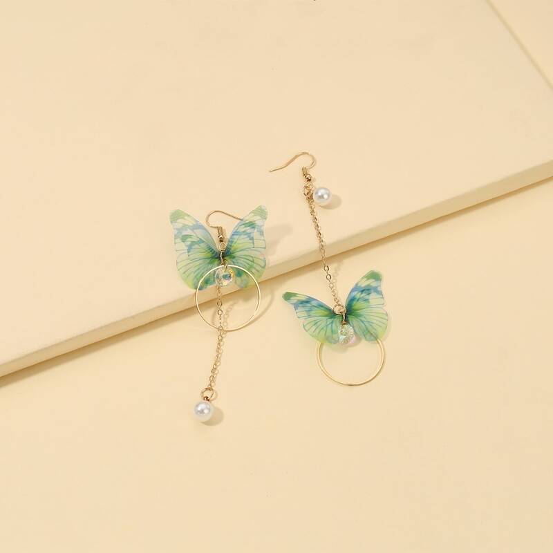 

Butterfly & Ring Decor Chain Earrings, Green