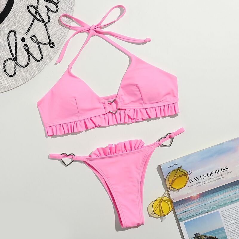 

Solid Heart Linked Thong Bikini Swimsuit, Pink