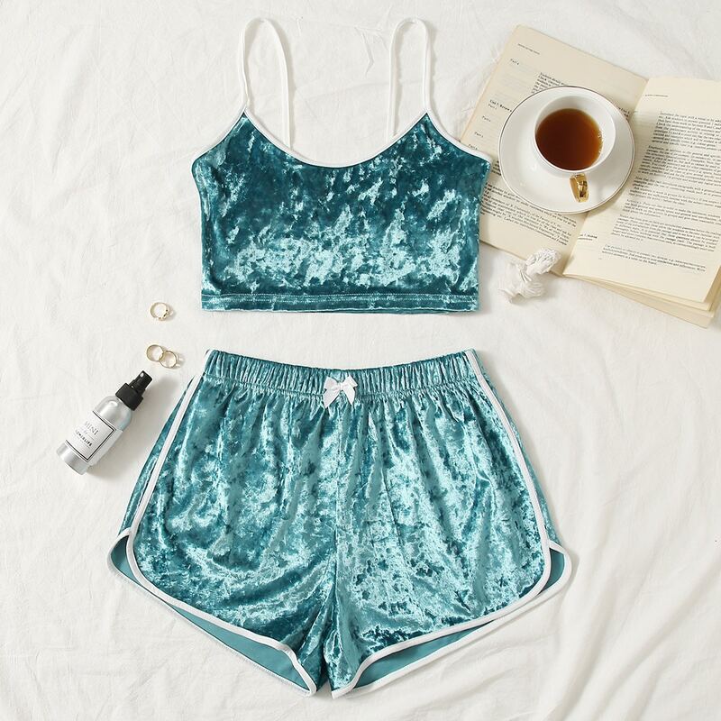 

Velvet Contrast Binding PJ Set, Cadet blue