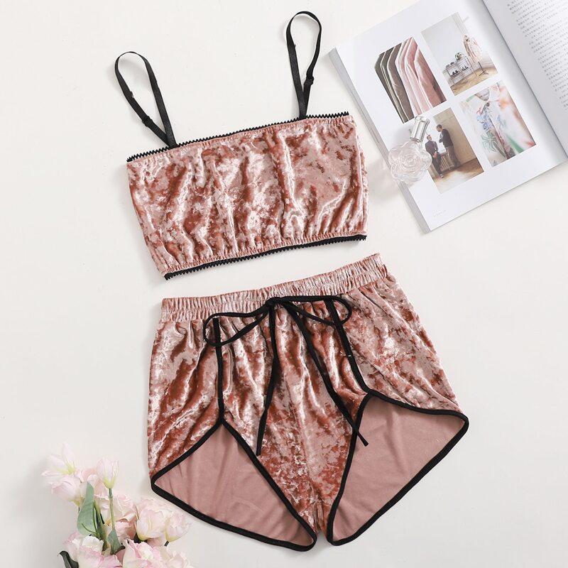 

Velvet Contrast Binding PJ Set, Dusty pink