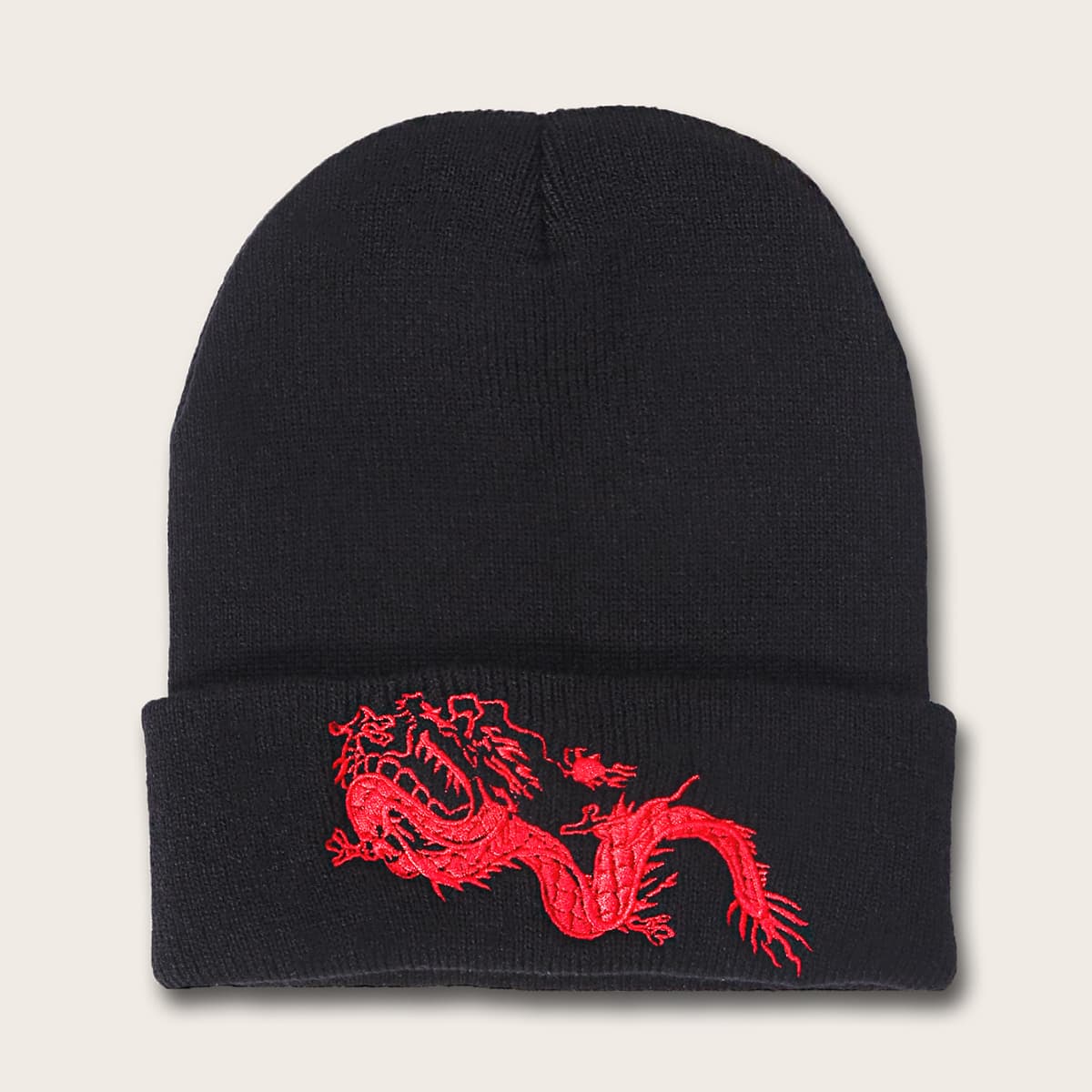 

Chinese Dragon Embroidery Beanie, Black