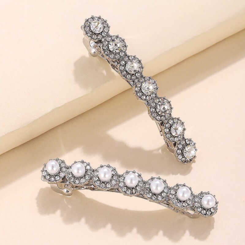 

2pcs Rhinestone & Faux Pearl Hair Clip, Silver