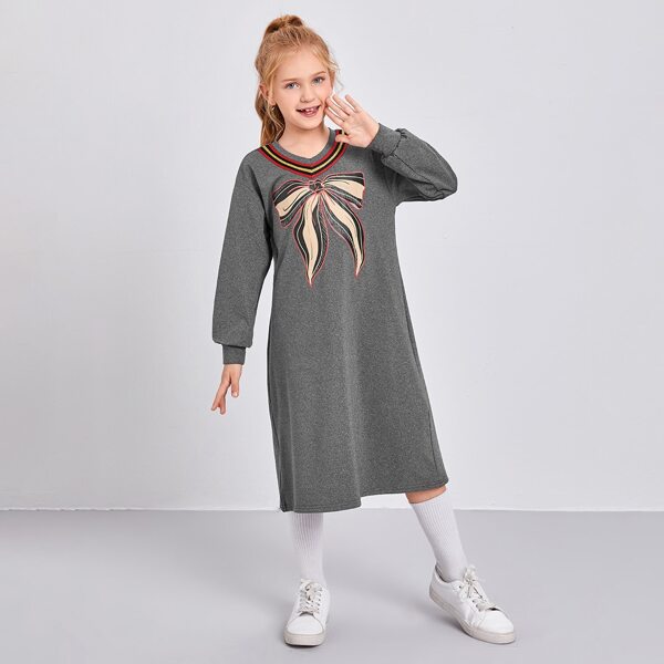 

Girls Striped Tape Big Bow Print Dress, Grey