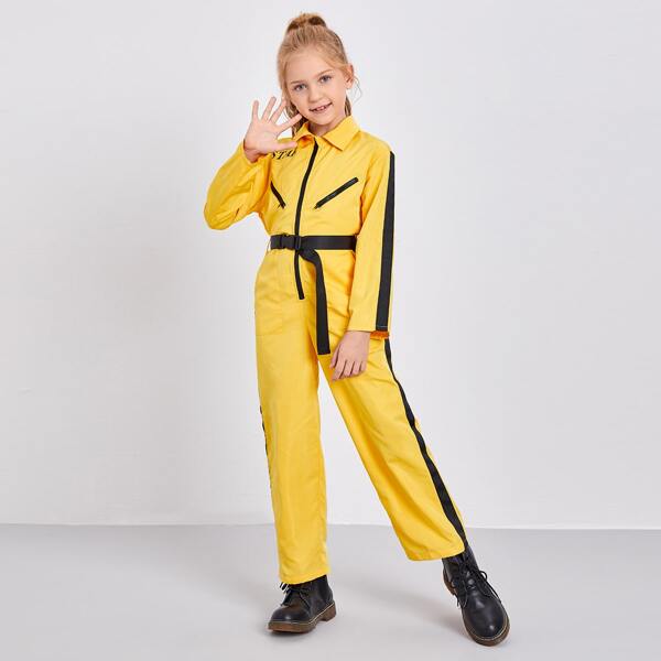 

Girls Collared Zip Up Buckle Belted Jumpsuit, Yellow