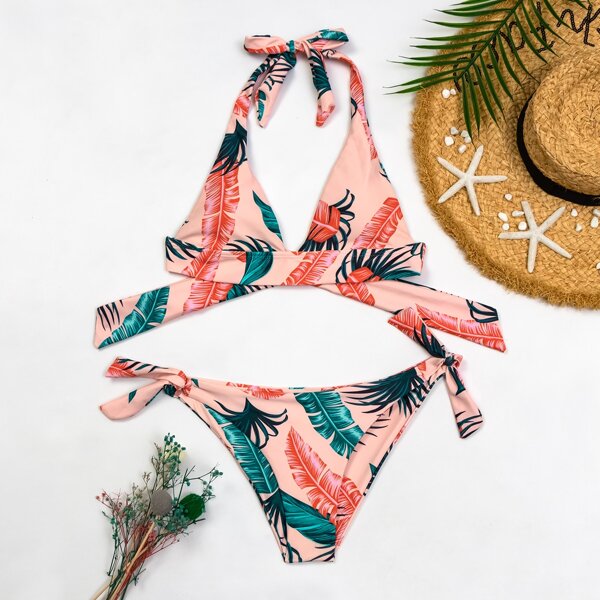 

Tropical Halter Tie Side Bikini Swimsuit, Multicolor