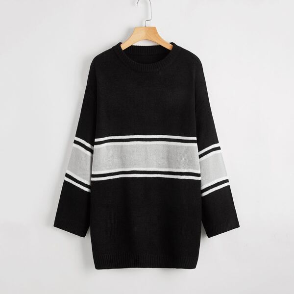 

Drop Shoulder Striped Color Block Sweater Dress, Black