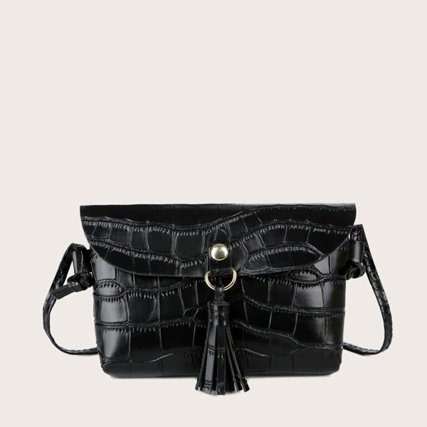 

Tassel Decor Croc Embossed Crossbody Bag, Black