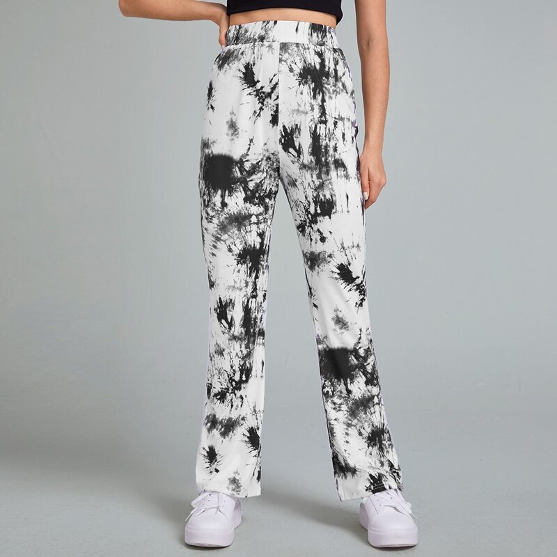

Tie Dye Flared-Leg Pants, Black and white