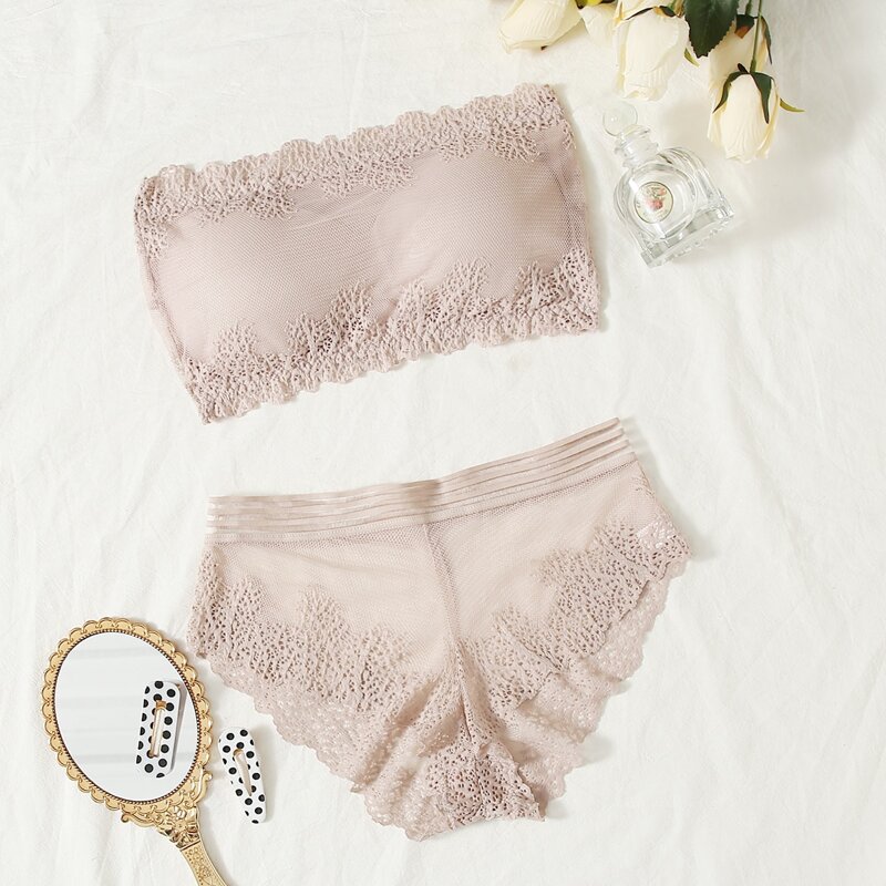 

Solid Lace Lingerie Set, Beige