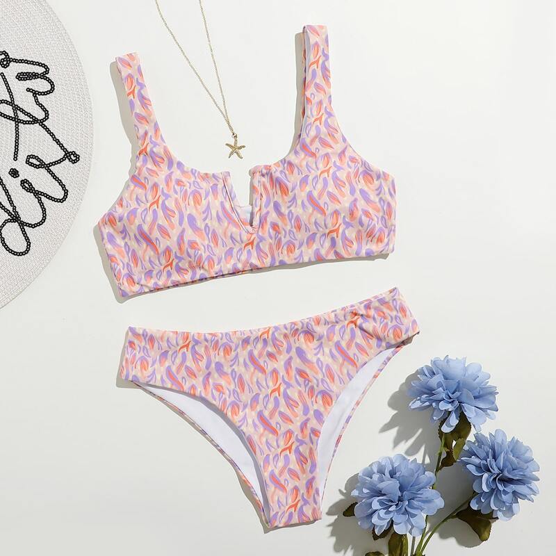 

Allover Print V Wired Bikini Swimsuit, Multicolor