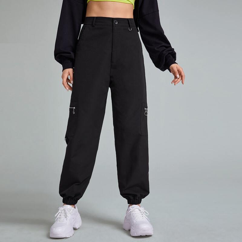 

Solid Zipper Cargo Pants, Black