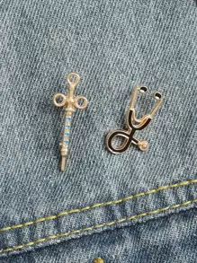 2pcs Stethoscope & Syringe Design Brooch - Yellow Gold - View 1