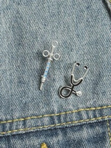 2入組聽筒和注射器設計胸針 - 銀色 - 查看 1